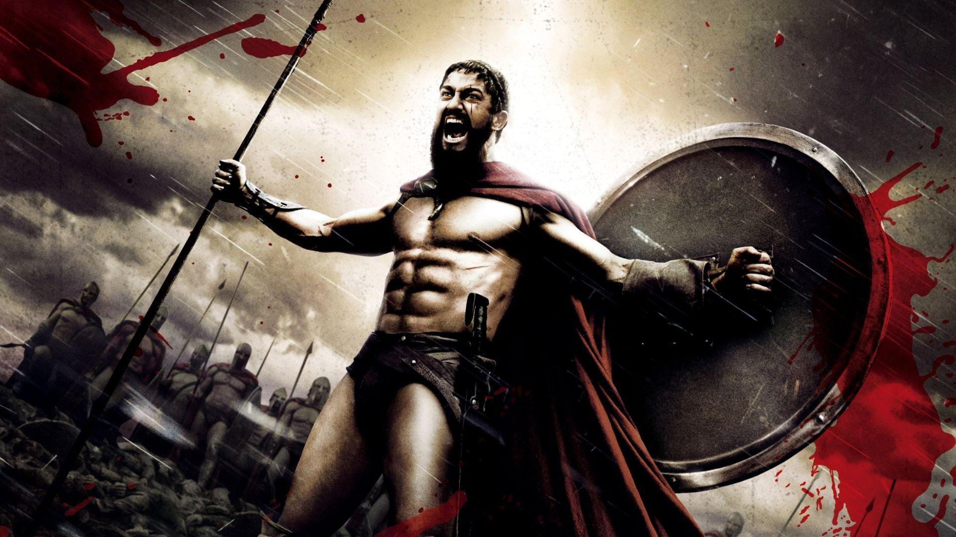 A poster showing the film '300'. King Leonidas stands roaring in his armour