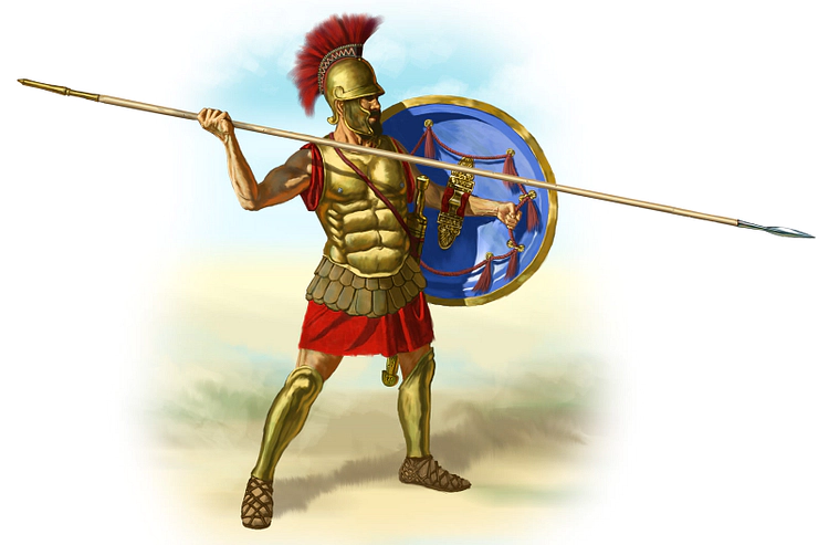 A Greek Hoplite Solider holding a spear and shield