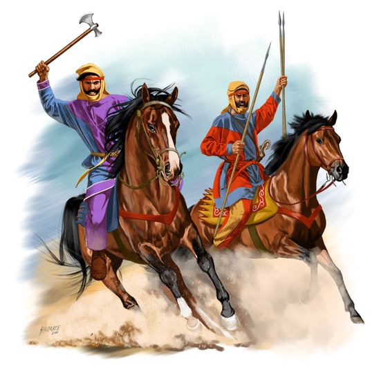 2 soldiers on horseback. One swings a battle-axe and the other carries spears