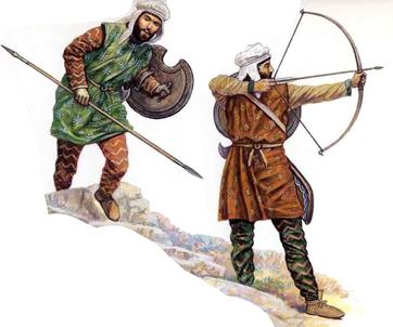 2 Persian Warriors. One holding a spear and shield, the other is an archer aiming a bow and arrow
