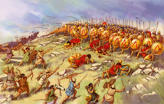 A Spartan Phalanx on a hilltop defending against a Persian army.
