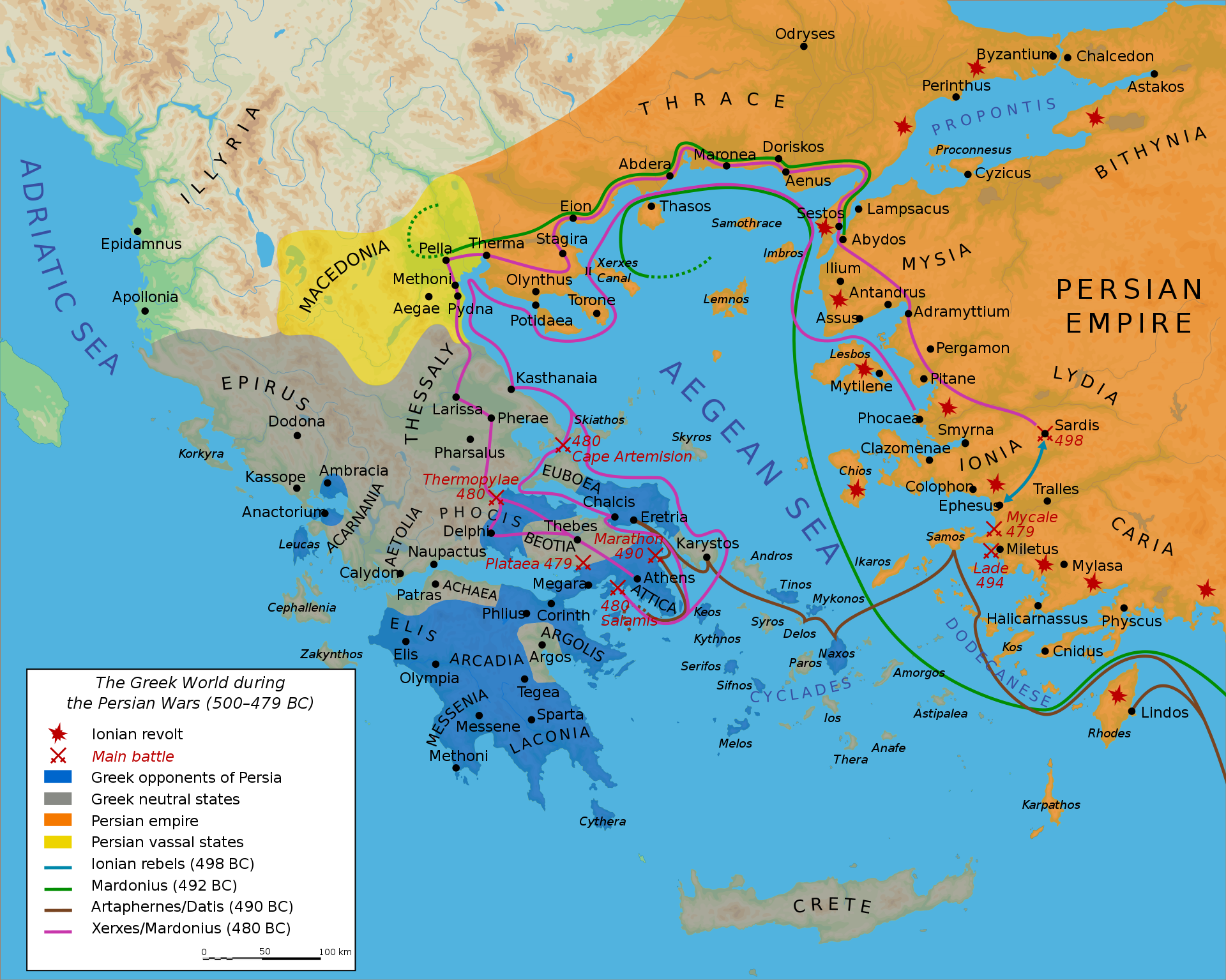 A map showing the territories of Greece and the Persian Empire ands the movements of either side's armies